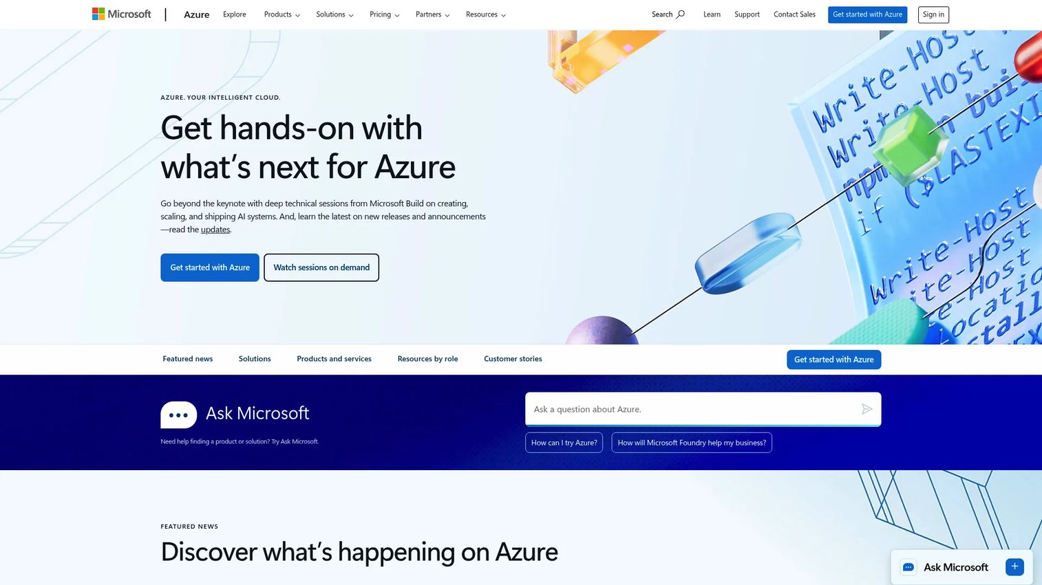 Microsoft Azure homepage screenshot