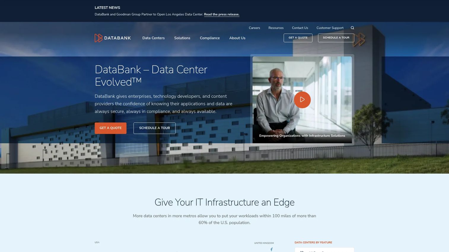 DataBank homepage showing hybrid infrastructure and colocation services