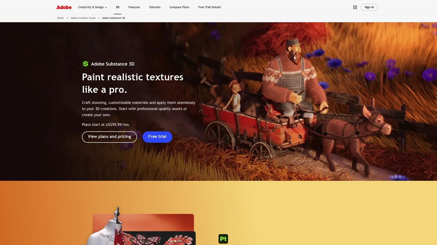 Adobe Substance 3D product page showing 3D texturing tools