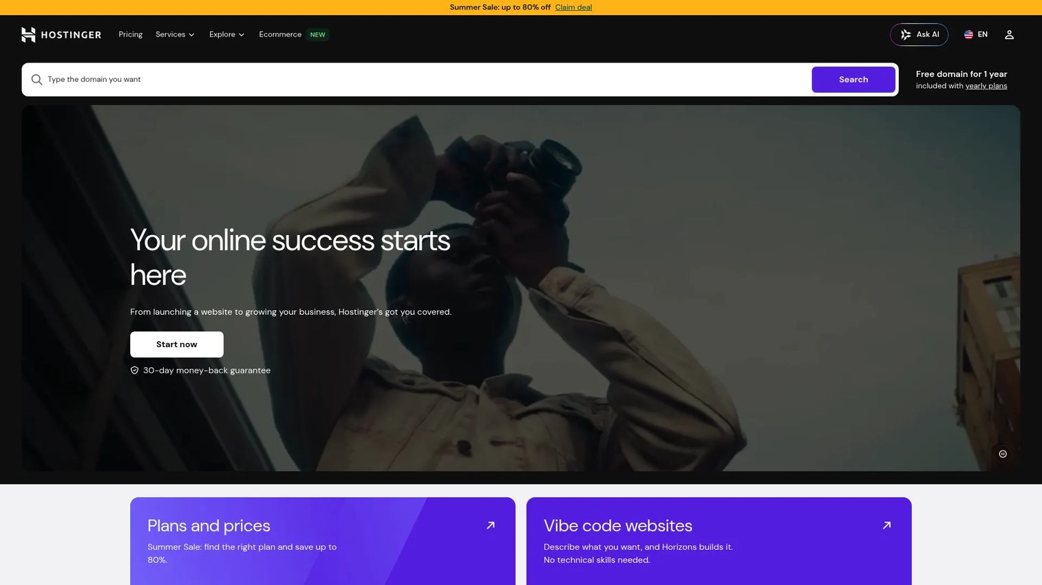 Hostinger homepage showing hosting and AI website builder tools