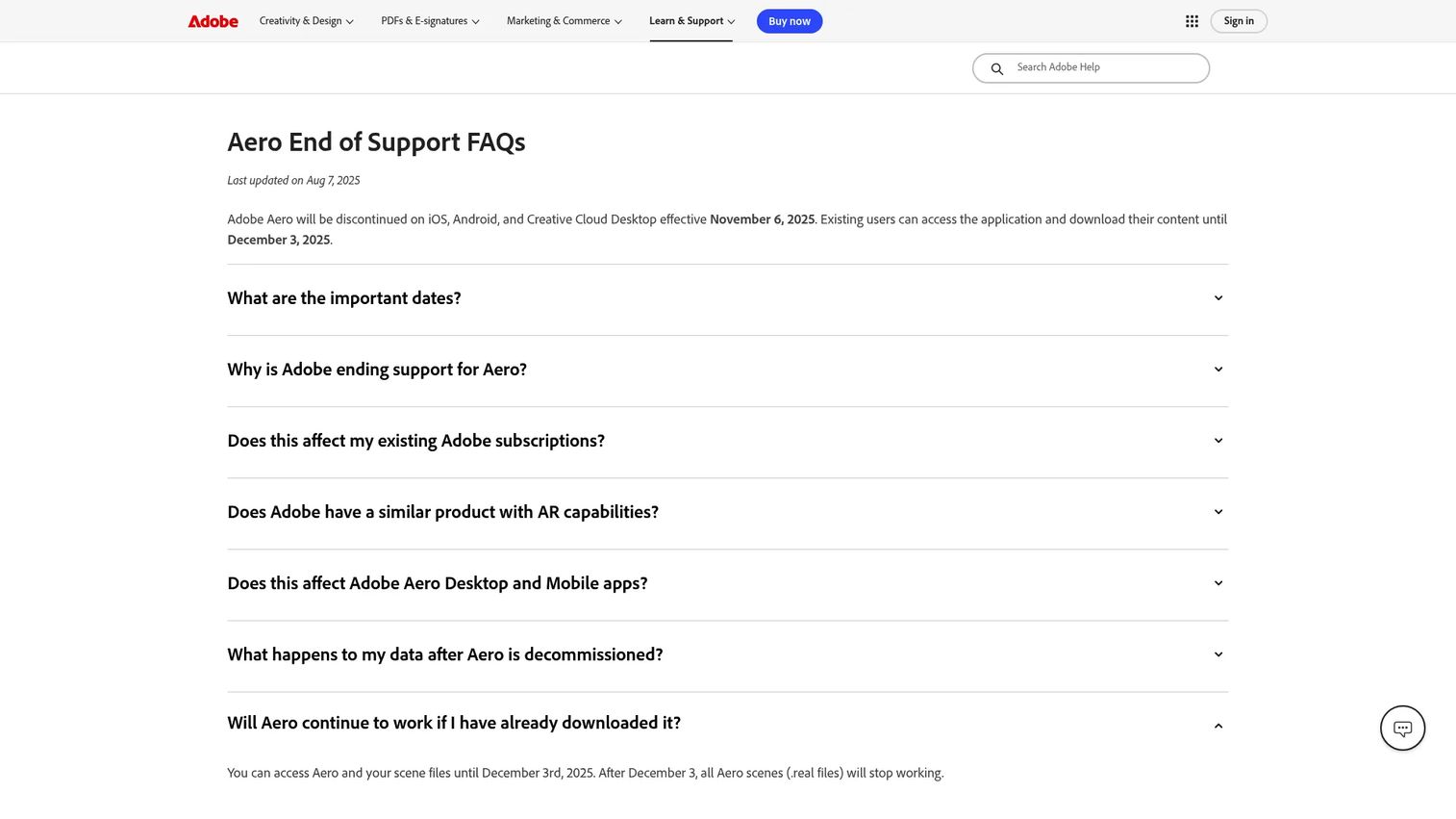 Adobe Aero AR authoring tool homepage