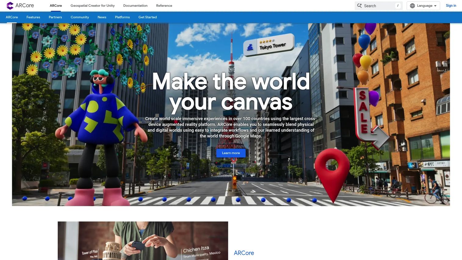 Google ARCore AR SDK homepage
