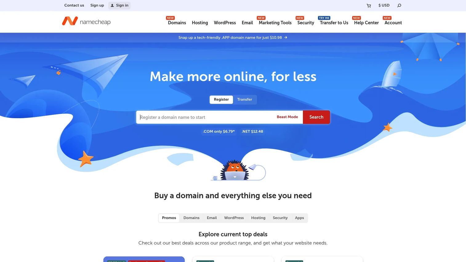 Namecheap homepage screenshot