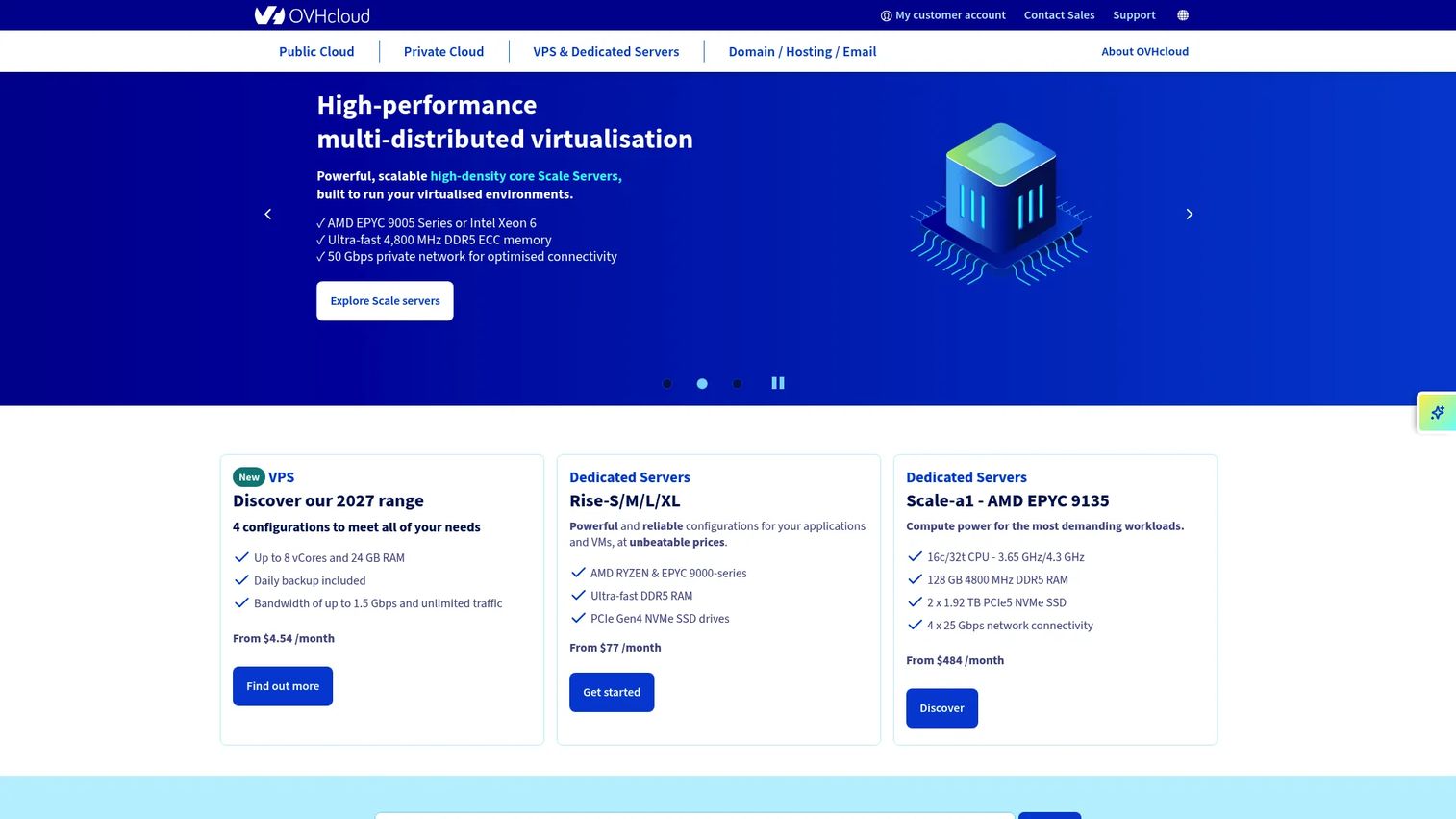 OVHcloud dedicated server hosting homepage