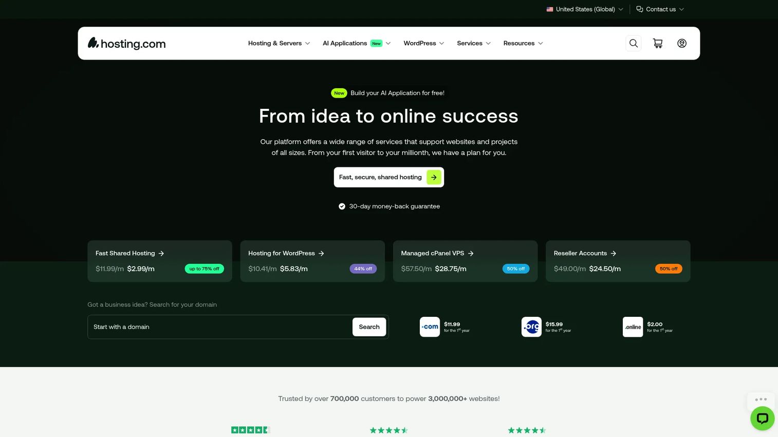Hosting.com dedicated server hosting homepage