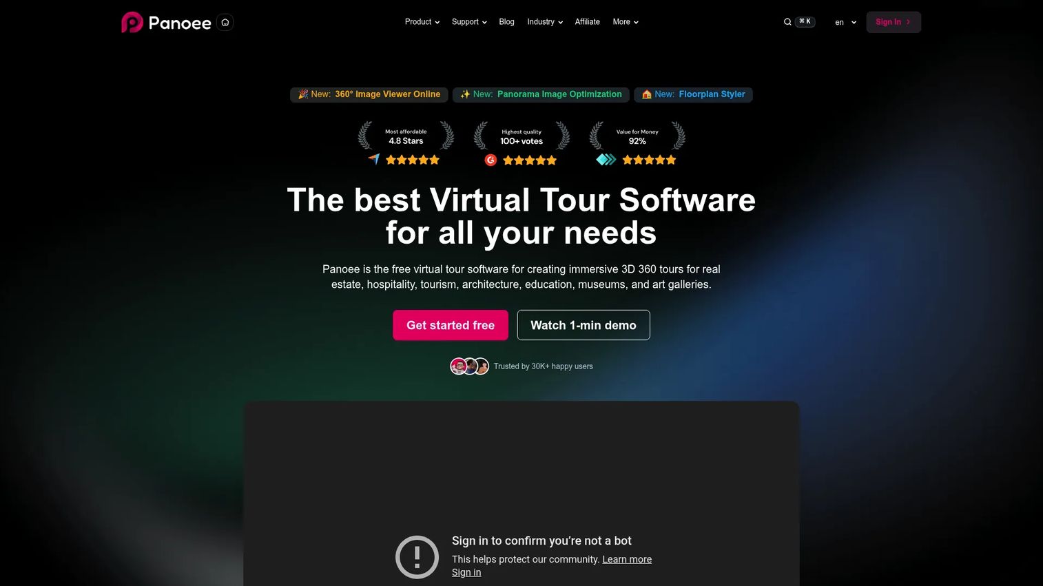 Panoee virtual tour software homepage