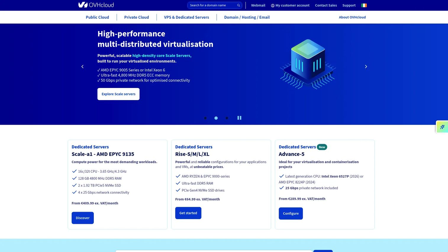 OVHcloud homepage showing cloud and VPS hosting services