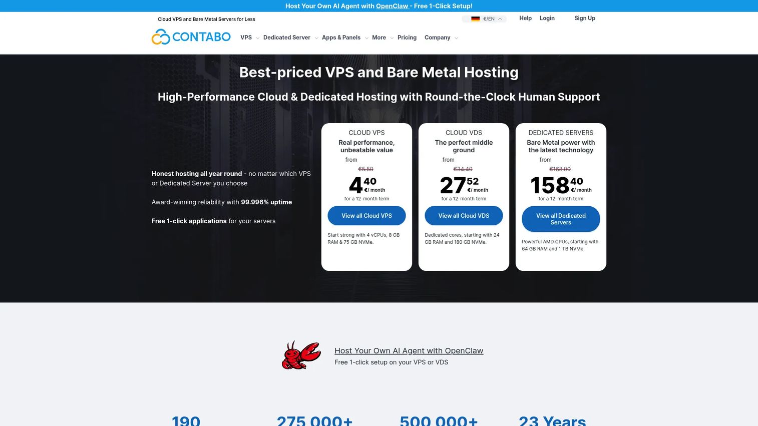 Contabo homepage showing VPS and cloud server pricing