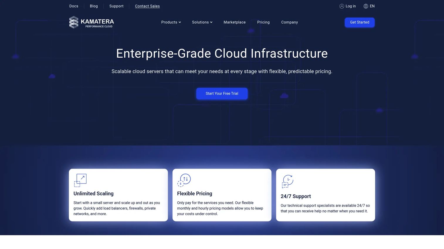 Kamatera homepage showing customizable cloud server configuration