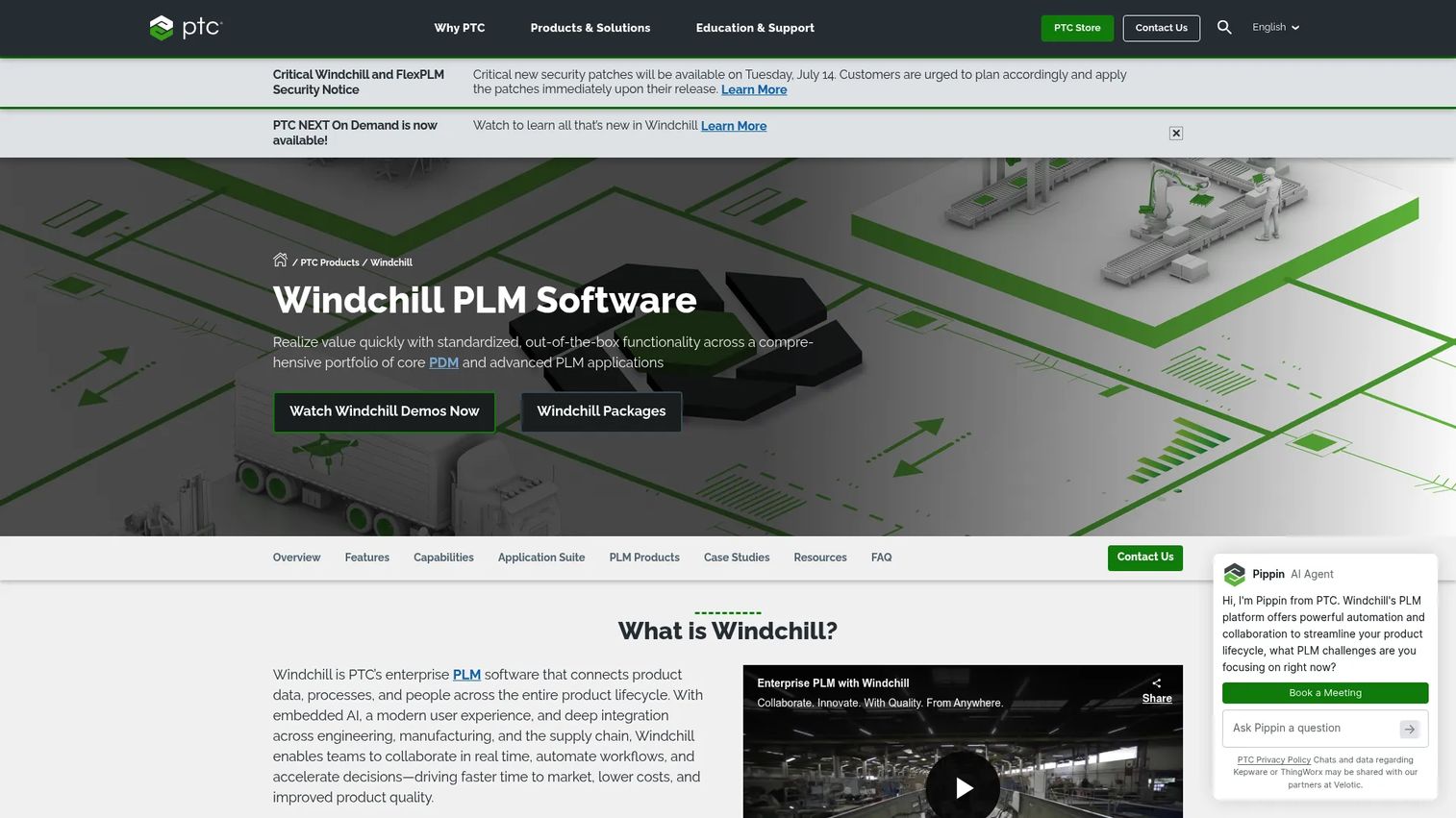 PTC Windchill enterprise PLM homepage