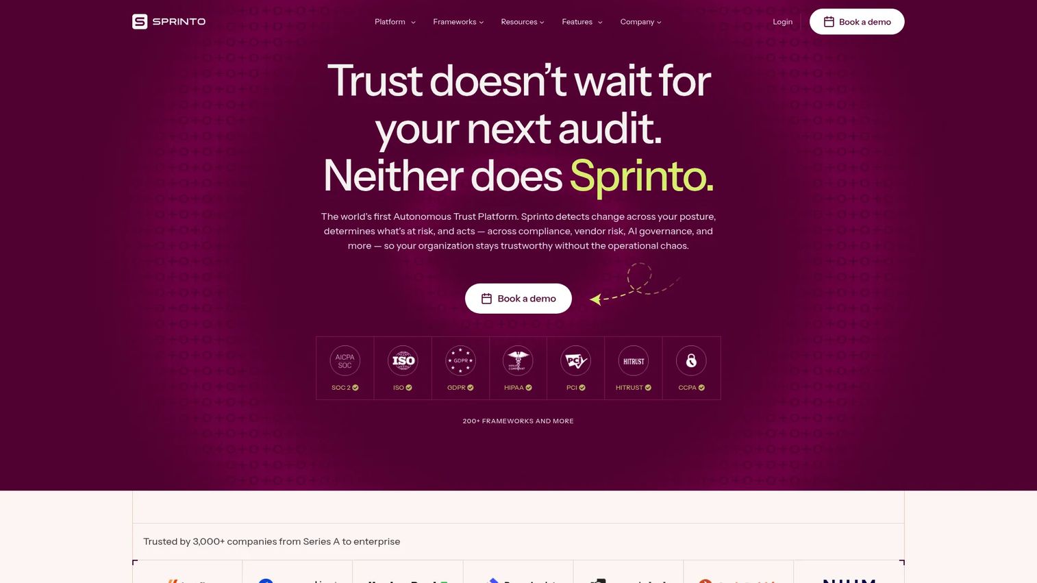 Sprinto compliance automation platform homepage
