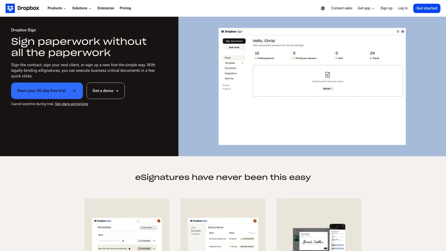 Dropbox Sign e-signature software homepage