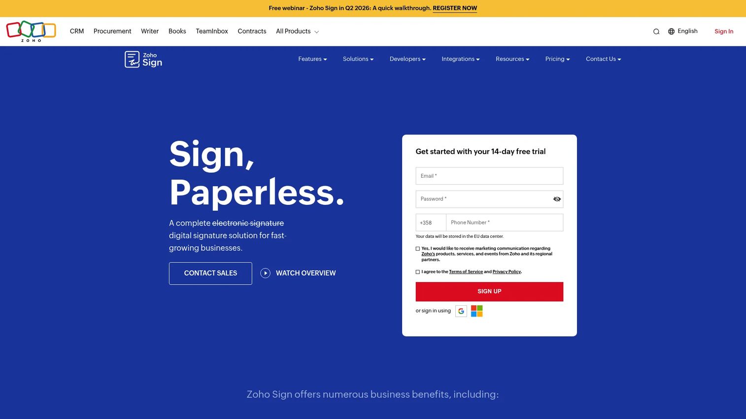 Zoho Sign digital signature software homepage