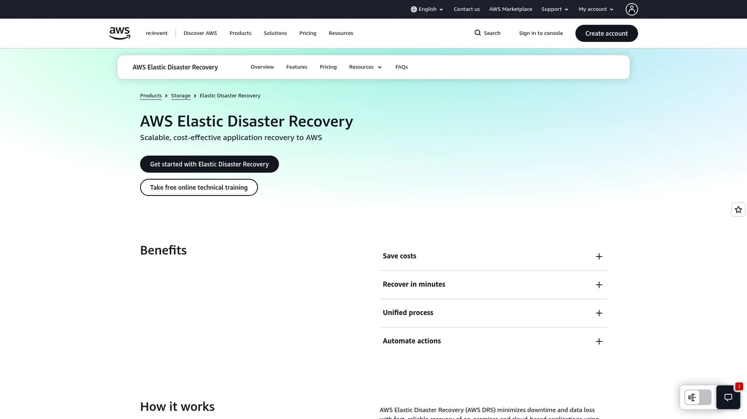 AWS Elastic Disaster Recovery homepage