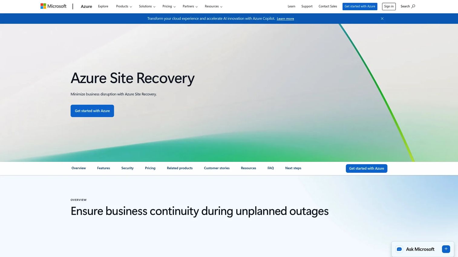 Azure Site Recovery product page