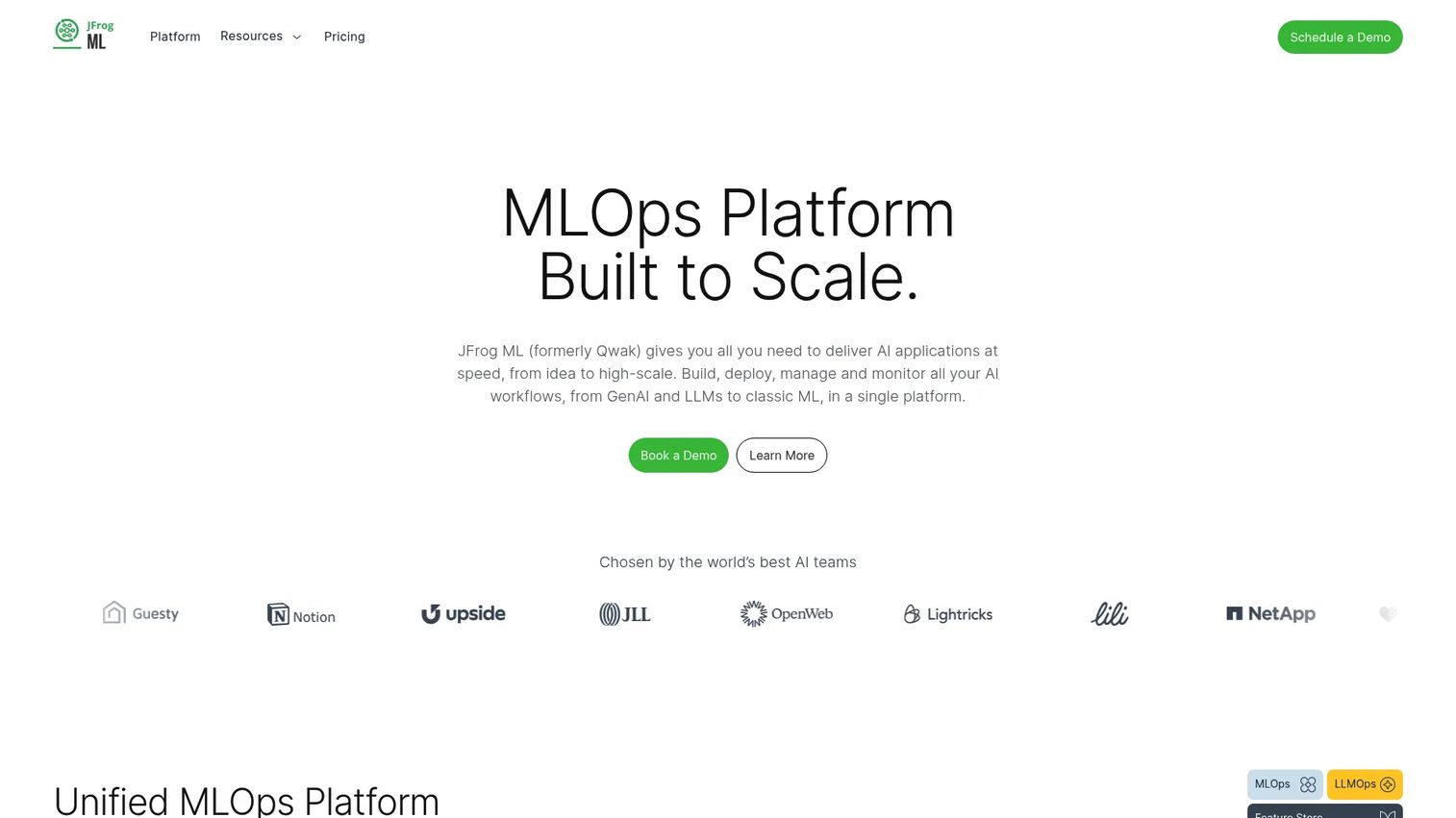 Qwak Feature Store product page for managing ML features