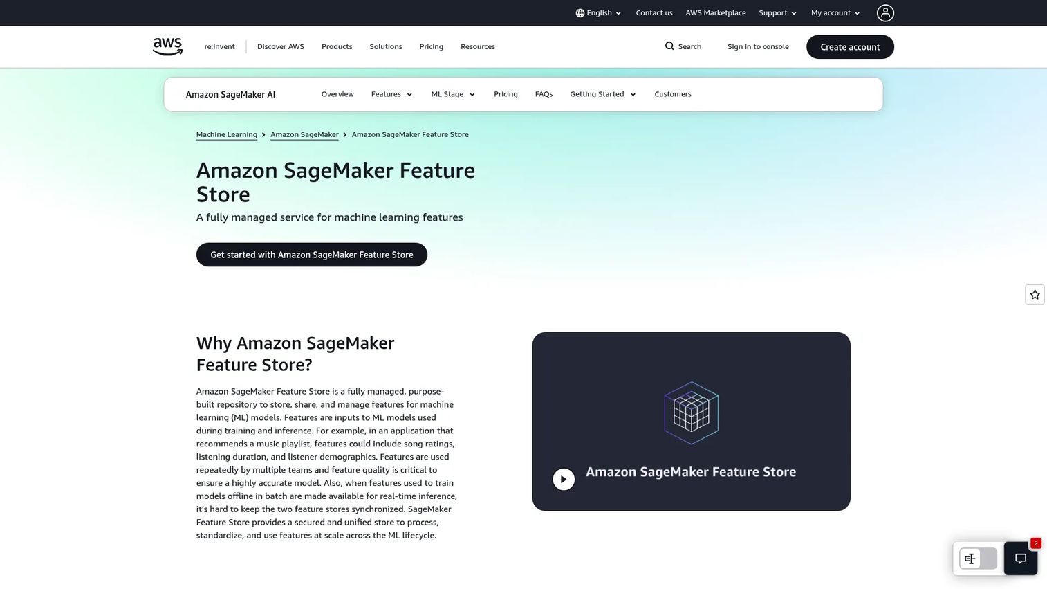 Amazon SageMaker Feature Store page for storing and managing ML features