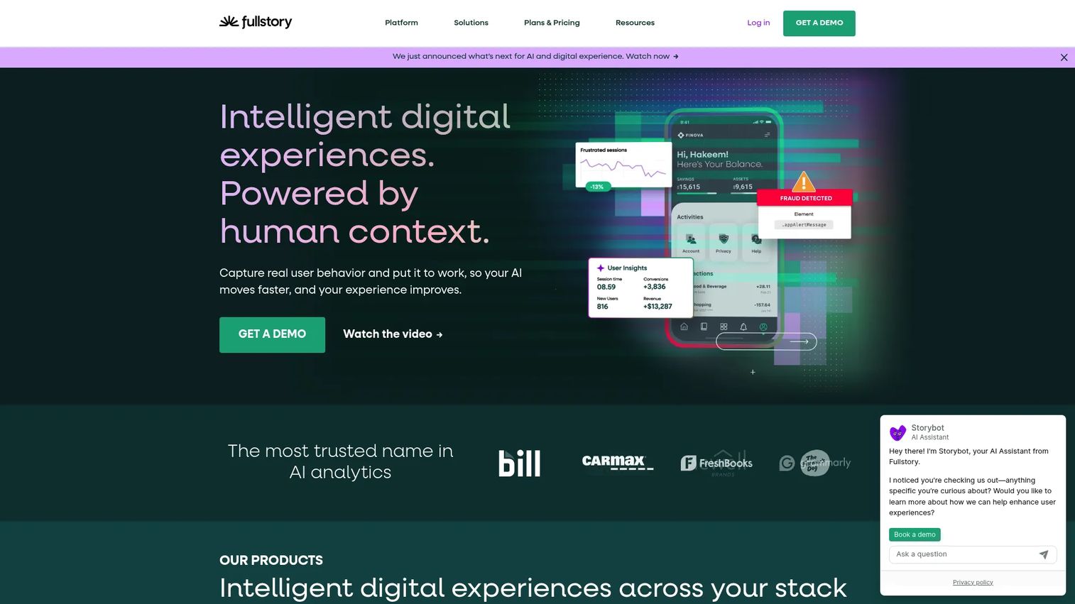 Fullstory behavioral analytics platform homepage