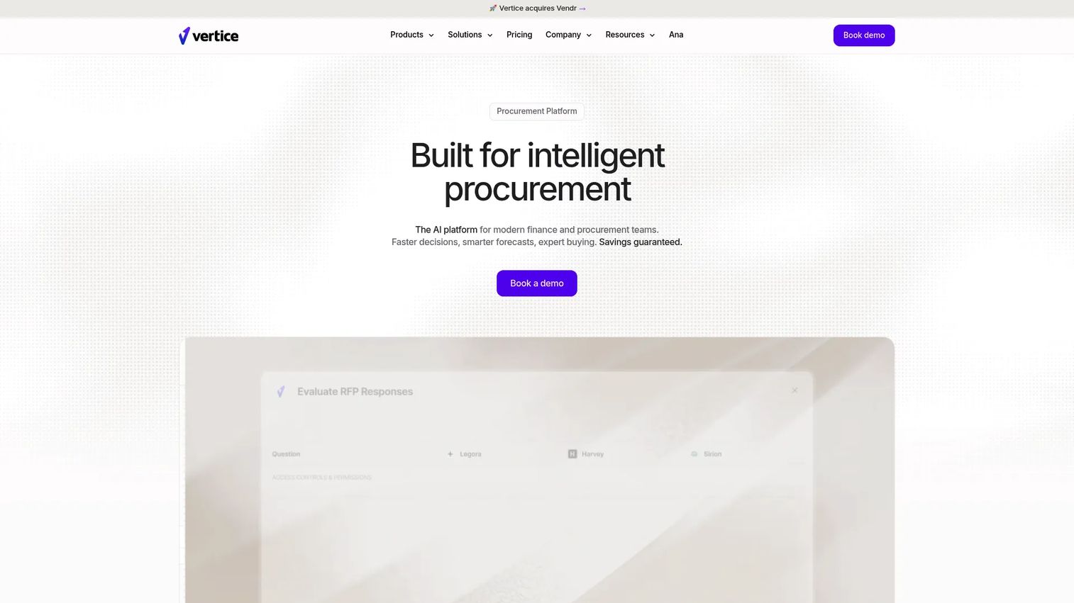 Vertice procurement and SaaS spend platform homepage