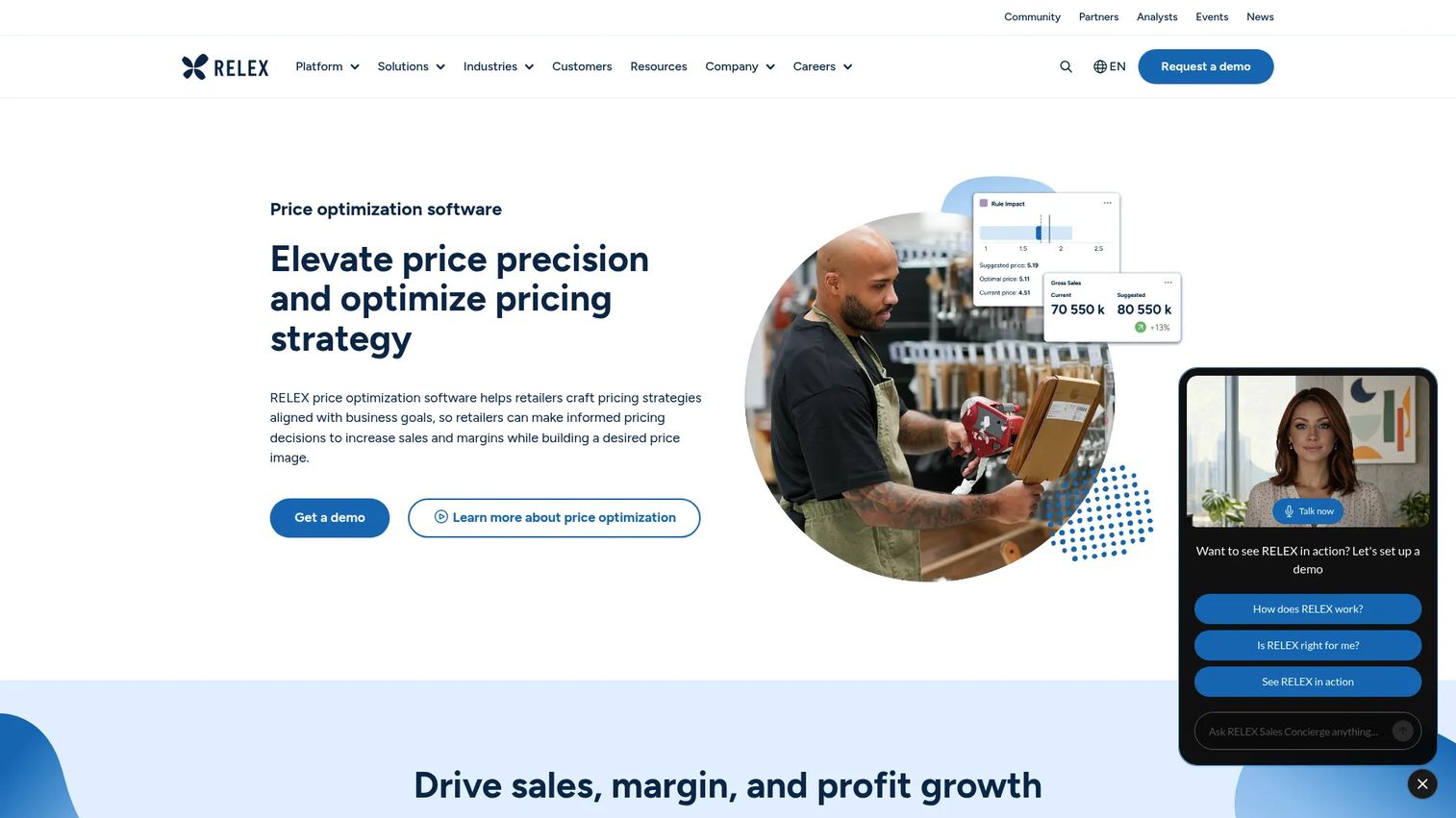 RELEX price optimization software page showing retail pricing capabilities