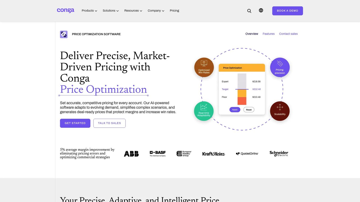 Conga Price Optimization product page showing AI-driven pricing capabilities