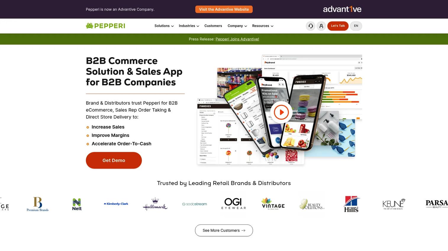 Pepperi B2B commerce platform homepage