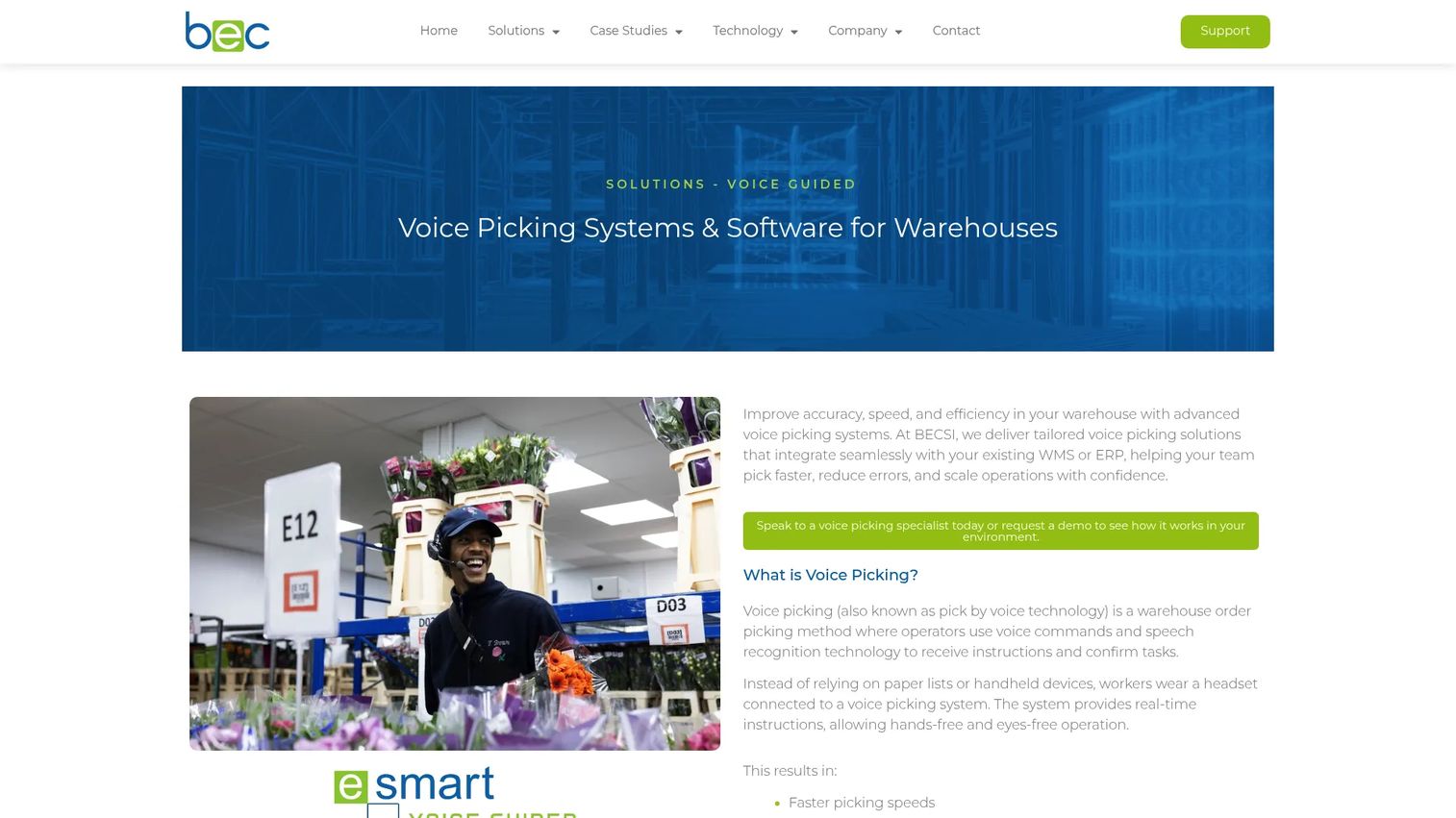 eSmart Voice voice picking solutions page from BEC