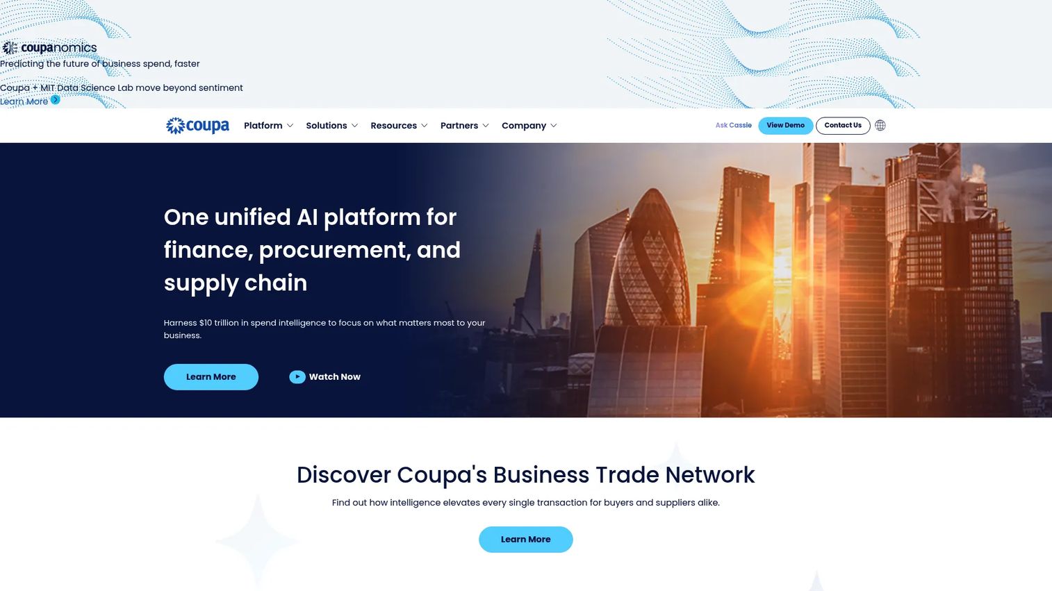 Coupa business spend management platform homepage