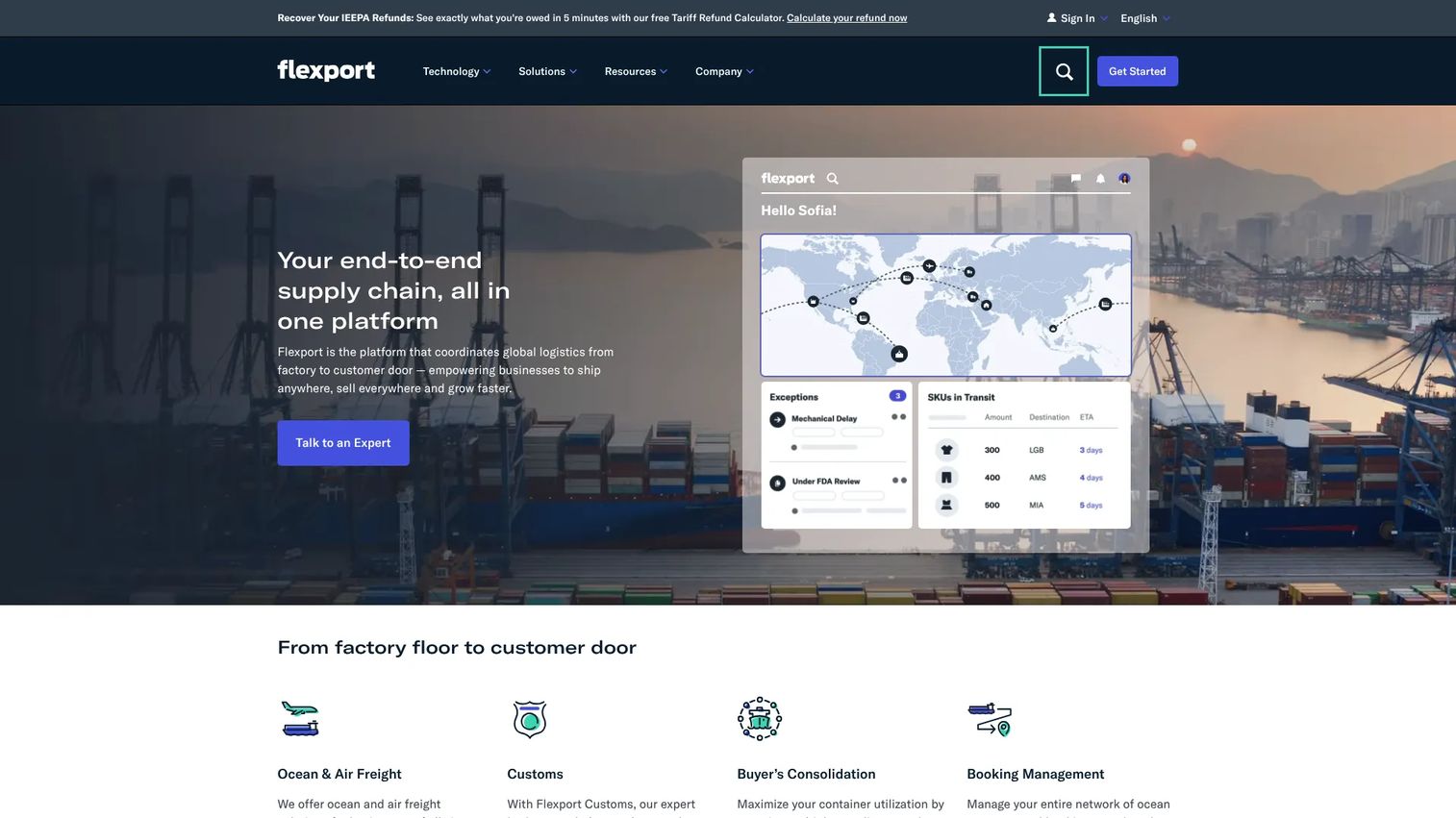 Flexport ocean freight platform homepage