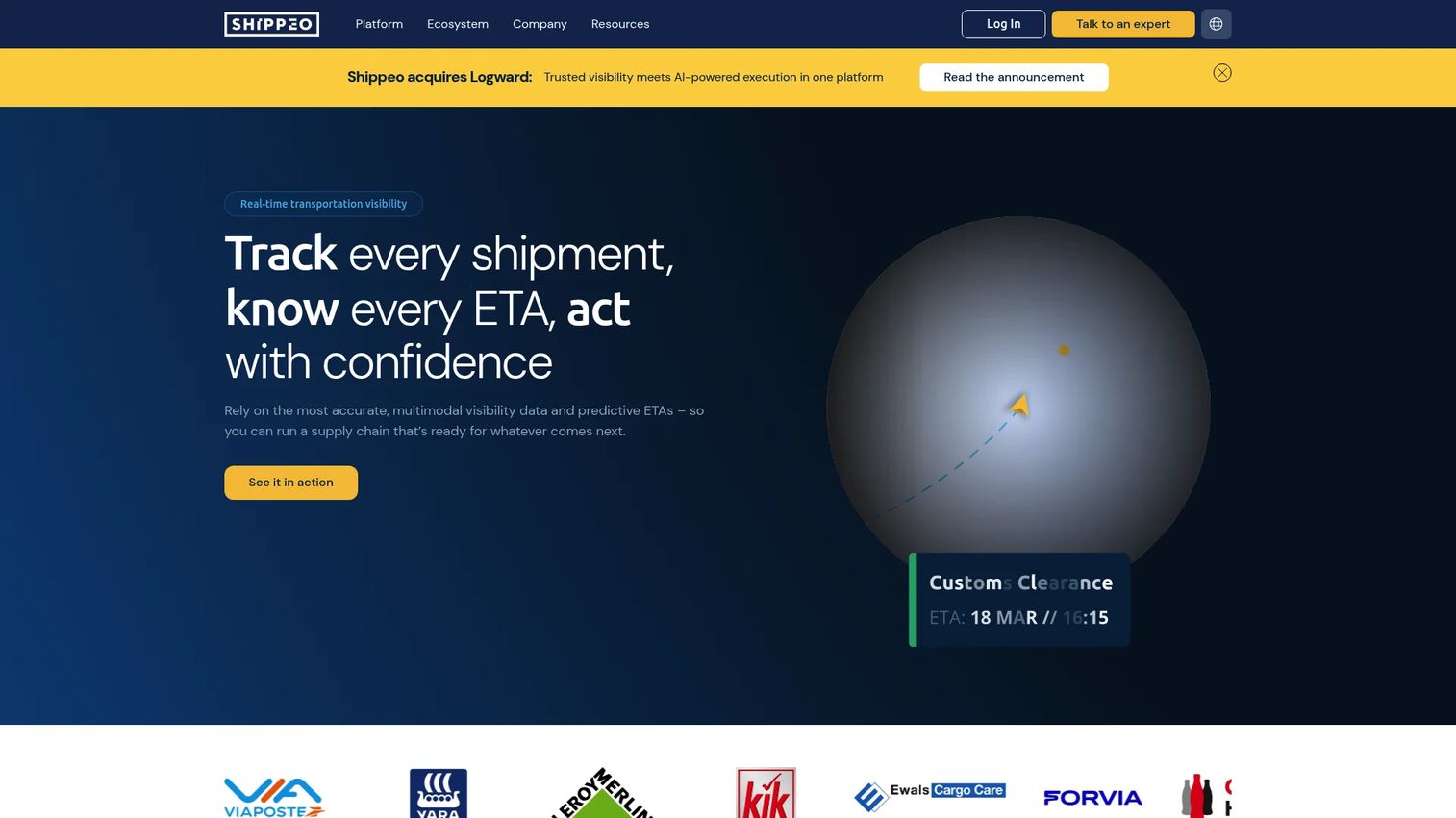 Shippeo real-time transportation visibility platform homepage