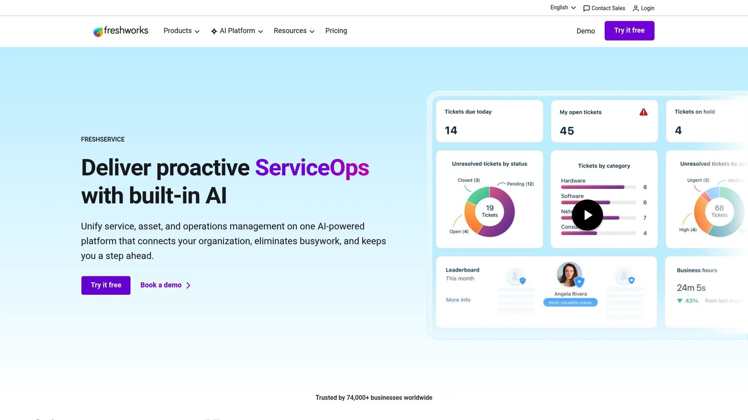 Freshservice IT service management platform homepage