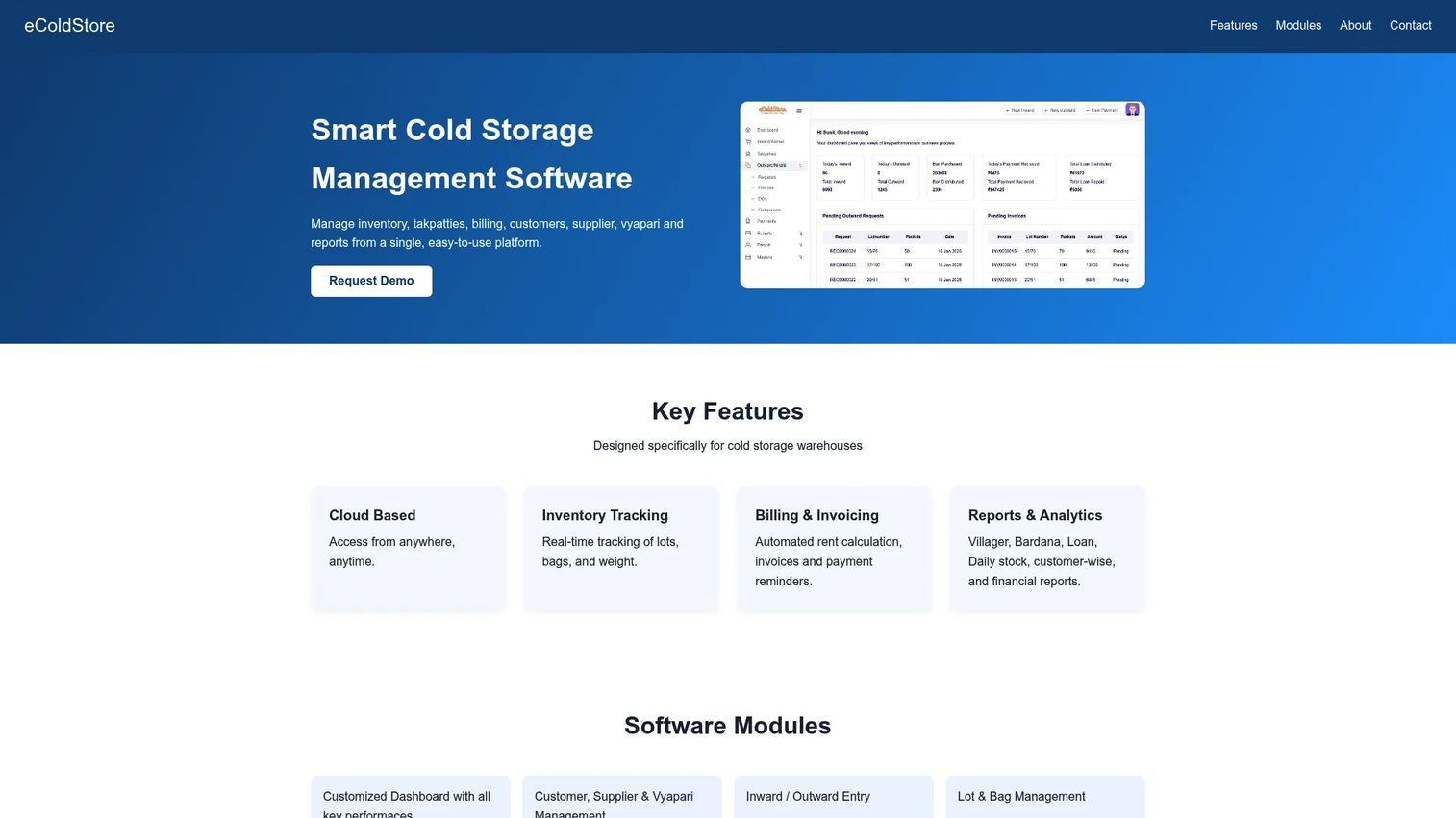 eColdStore cold storage management software interface