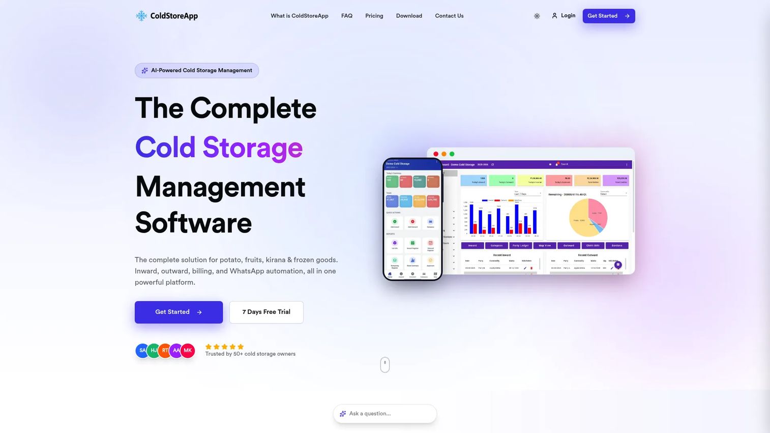 ColdStoreApp cold storage ERP software dashboard