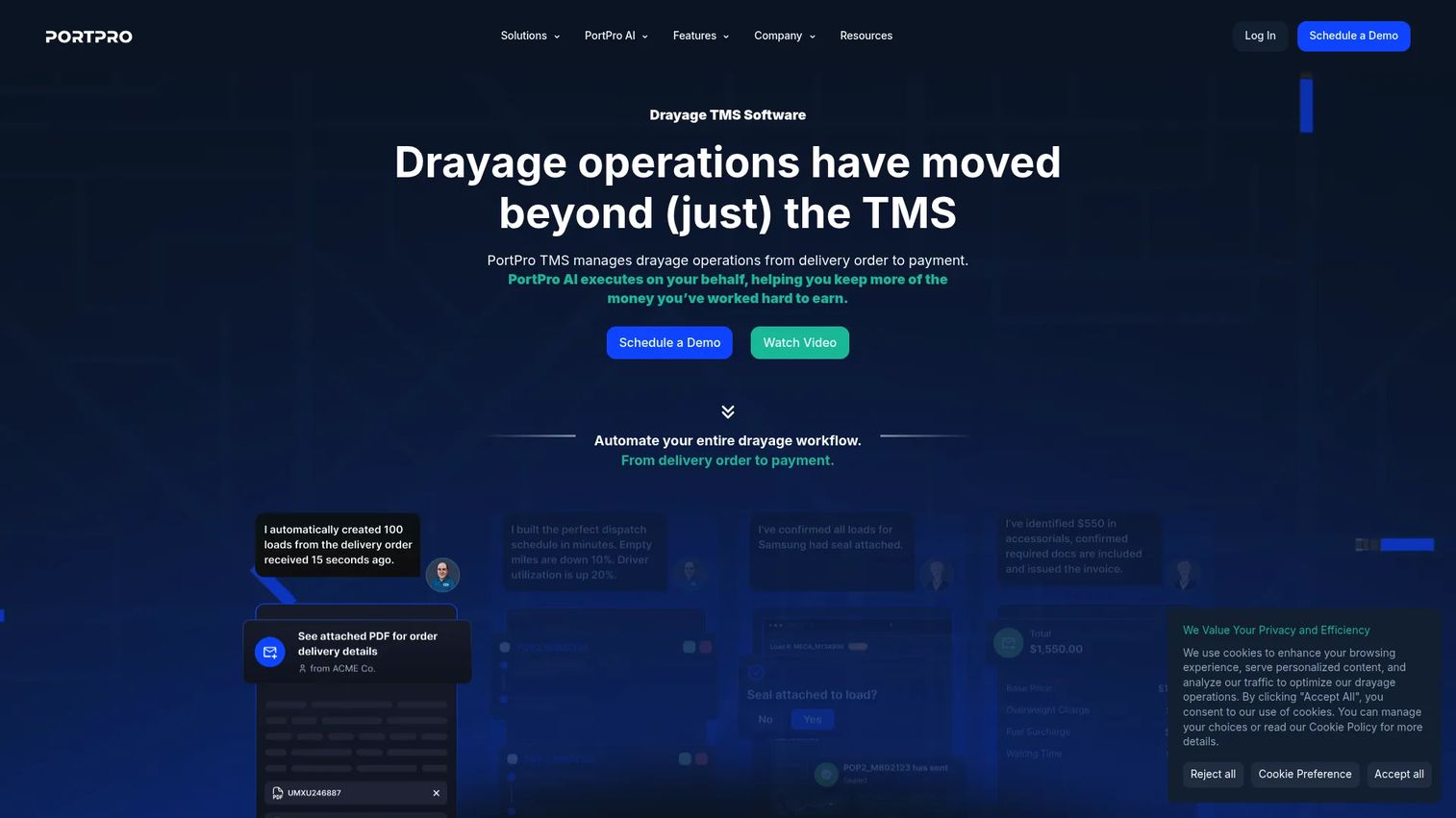 PortPro TMS drayage operations dashboard from order entry to payment