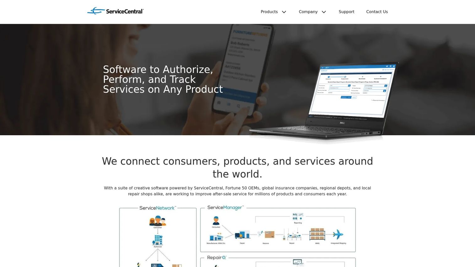 ServiceCentral service and repair management interface