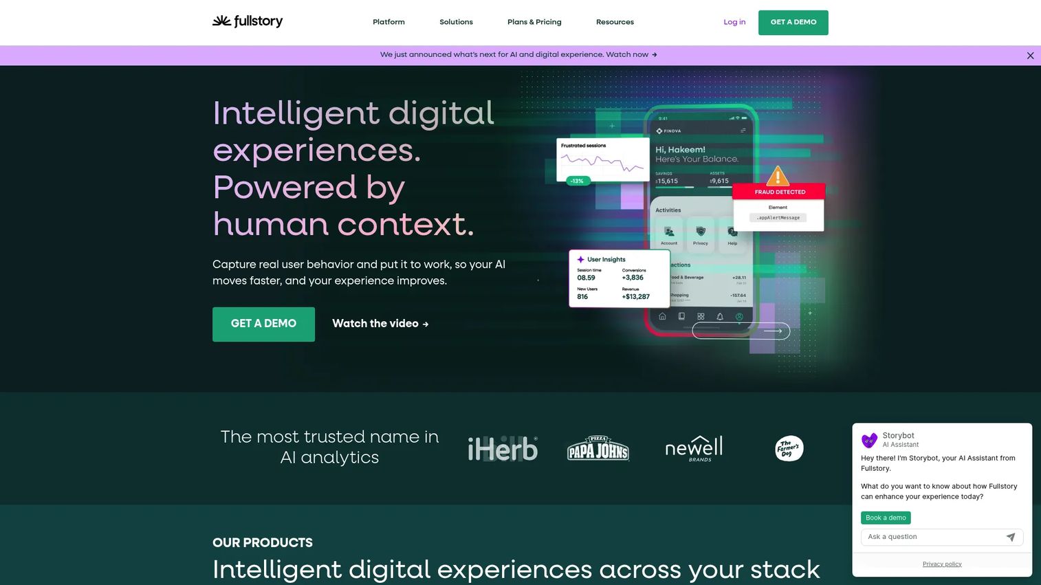FullStory digital experience intelligence platform homepage