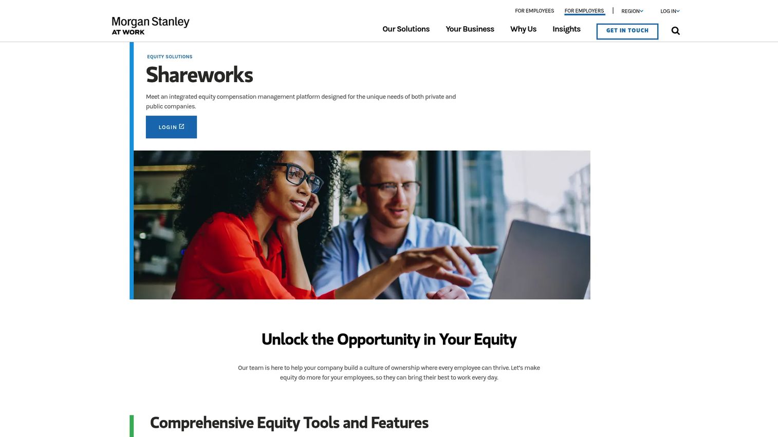 Shareworks by Morgan Stanley at Work equity management homepage