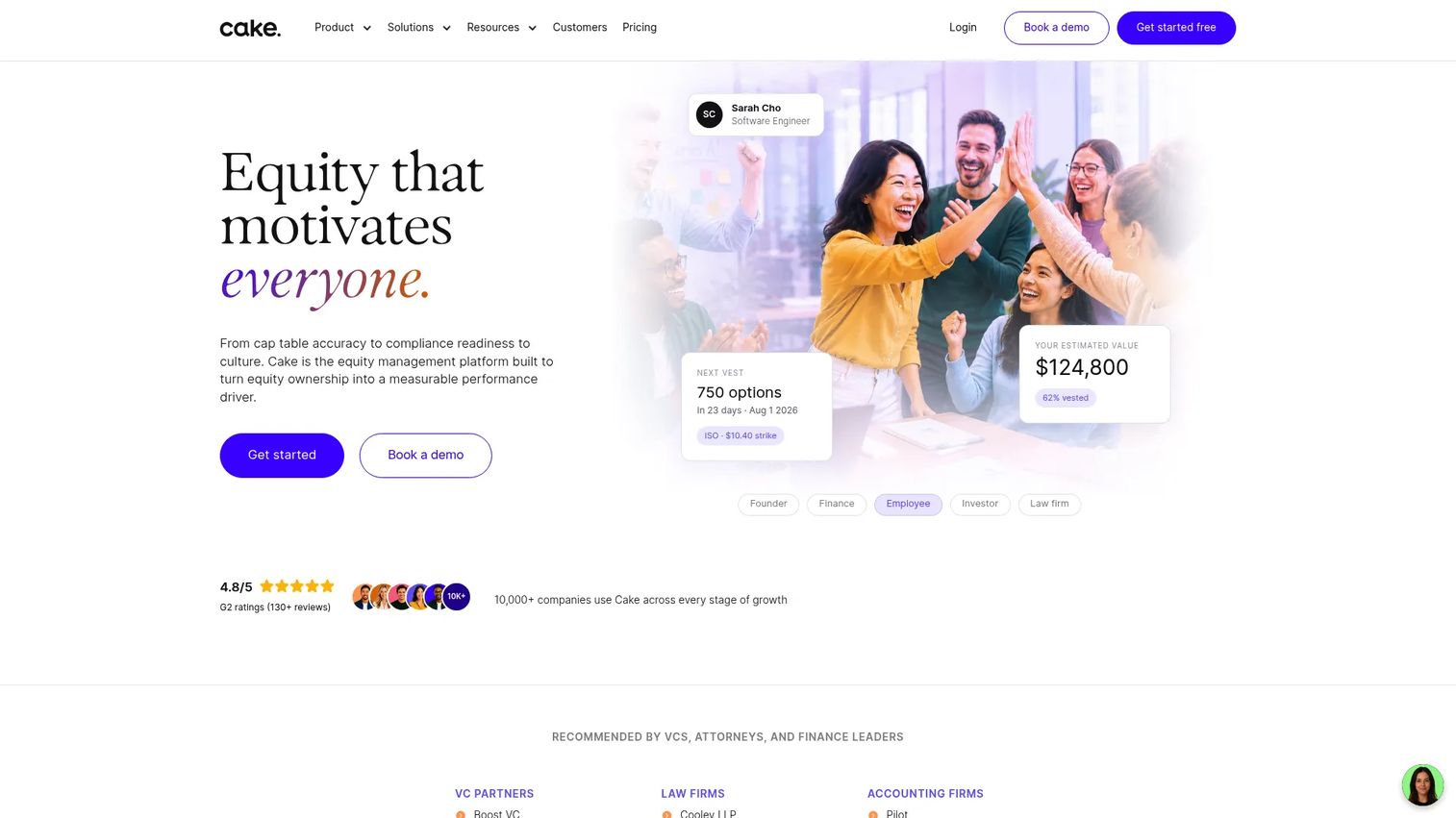 Cake Equity equity management platform homepage