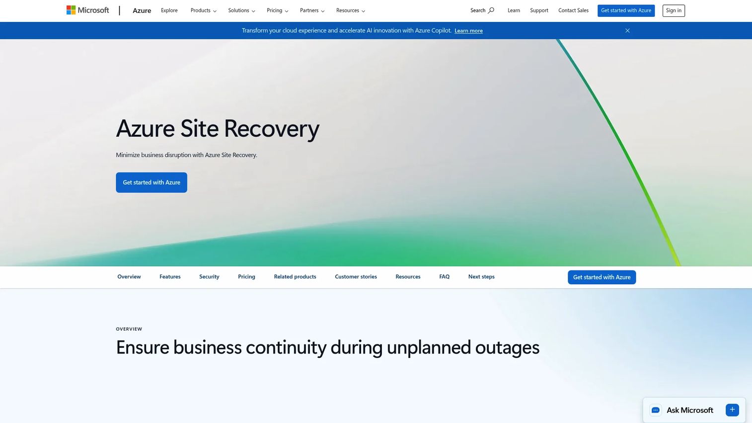 Azure Site Recovery product page