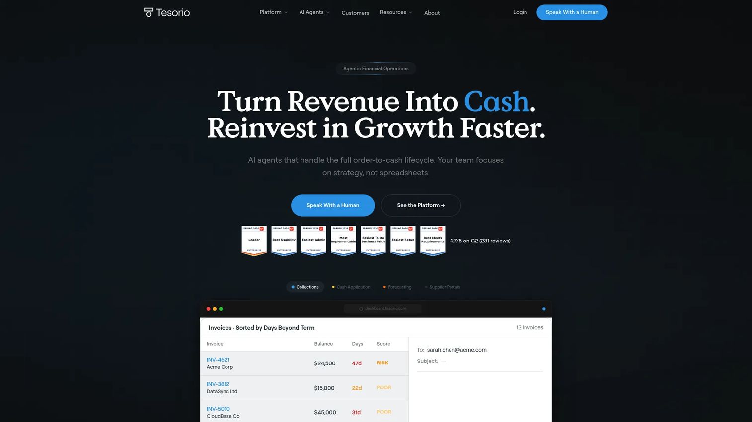 Tesorio order-to-cash and collections platform interface