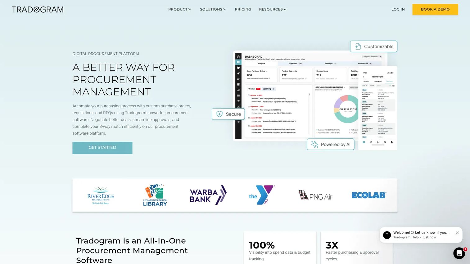 Tradogram procurement dashboard with requisitions and purchase orders