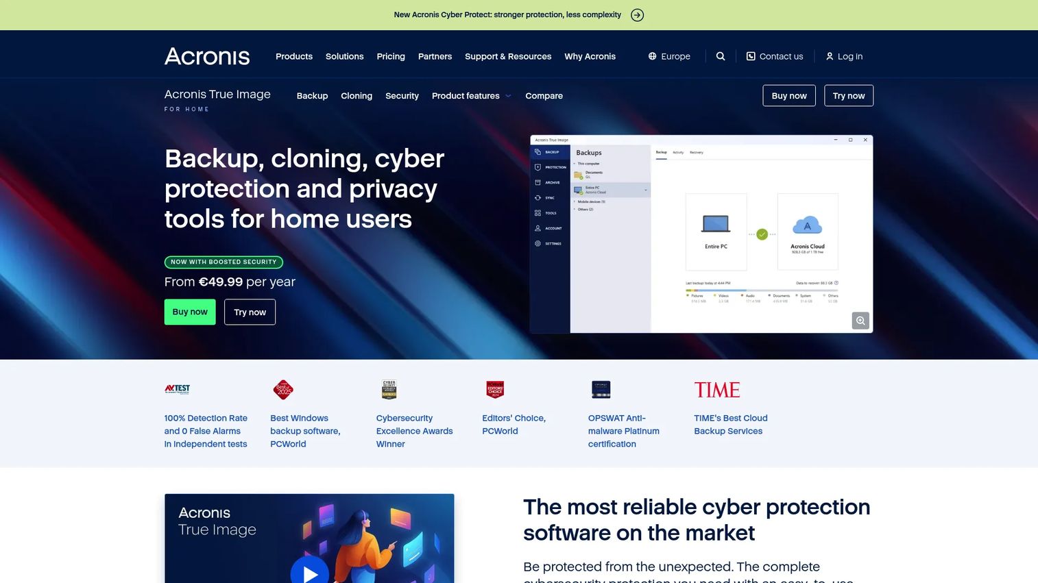 Acronis Cyber Protect Home Office backup and cloning dashboard