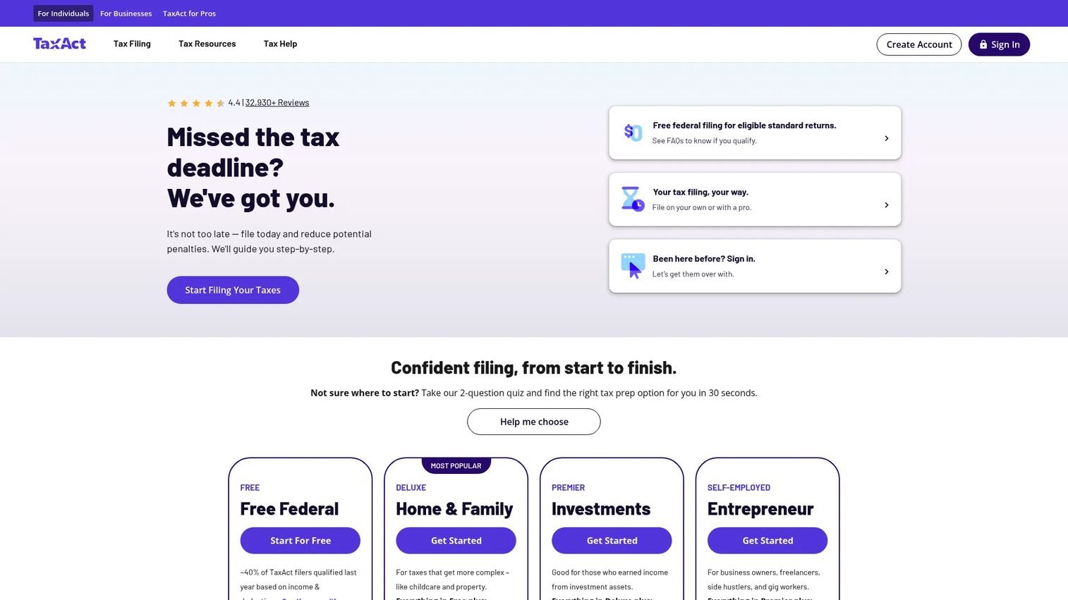 TaxAct business tax filing software homepage