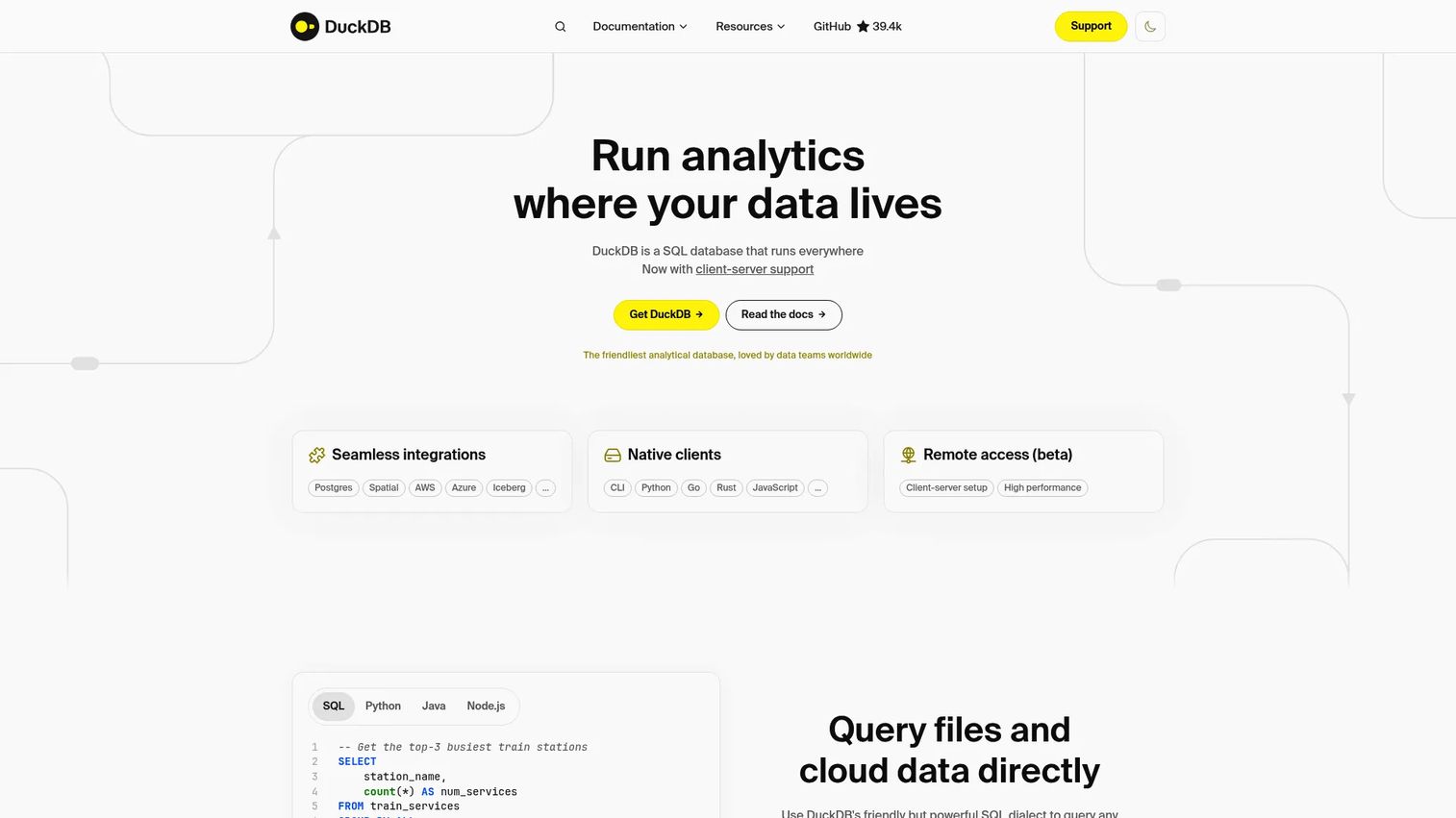 DuckDB in-process analytical database homepage