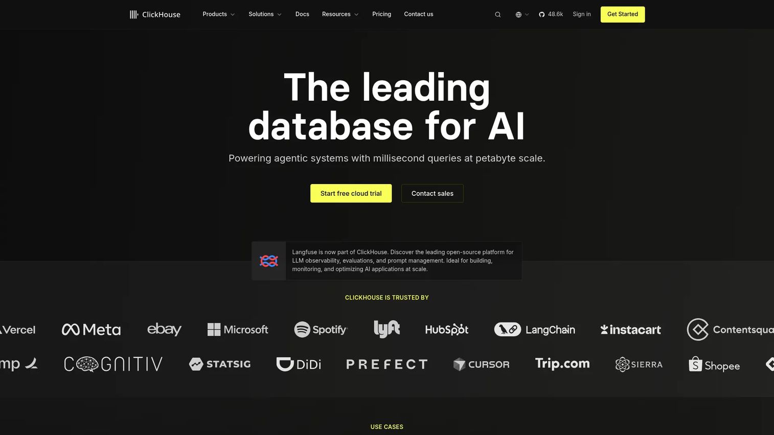 ClickHouse columnar database homepage