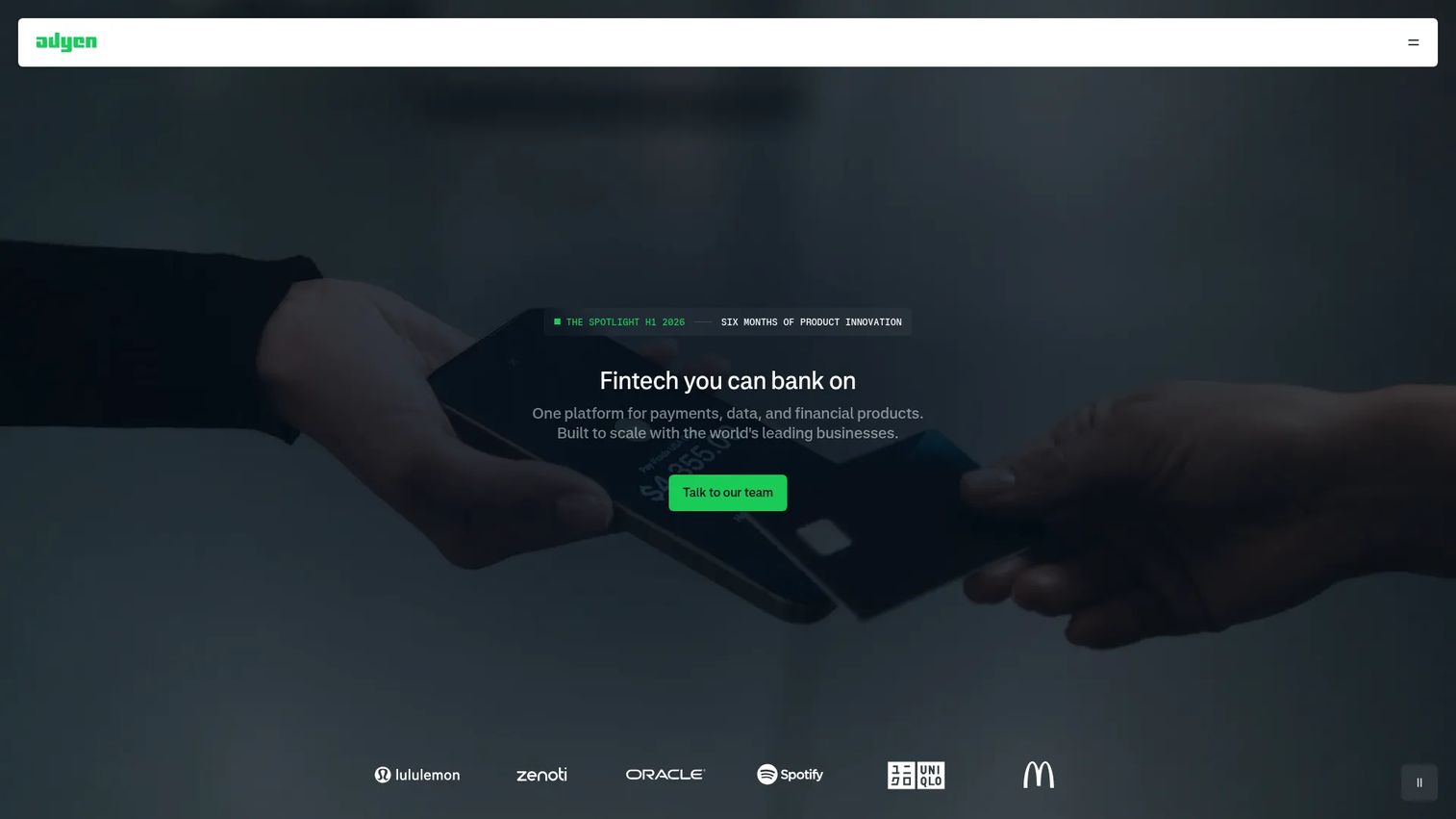 Adyen global payments platform homepage