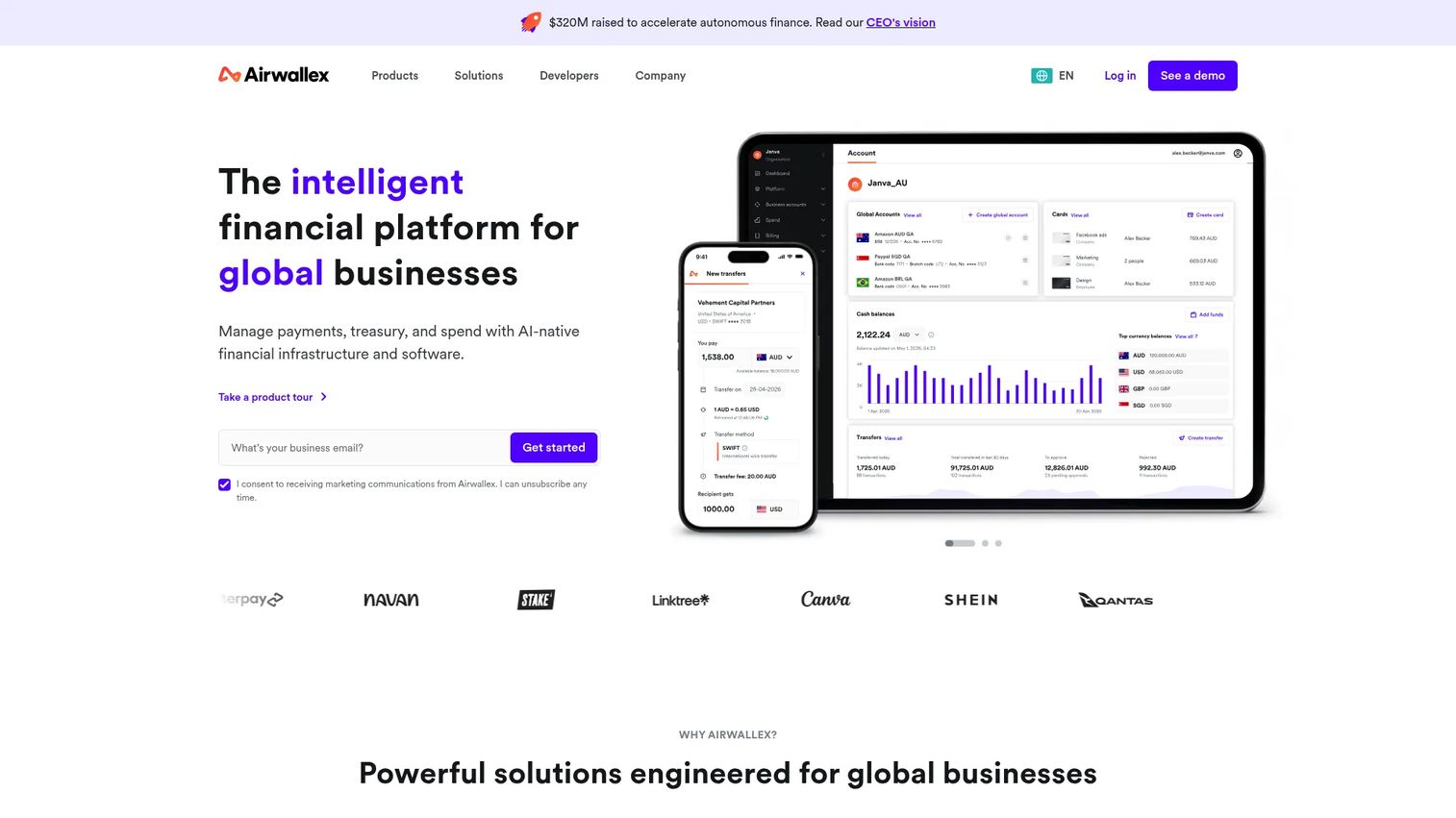 Airwallex global financial platform homepage
