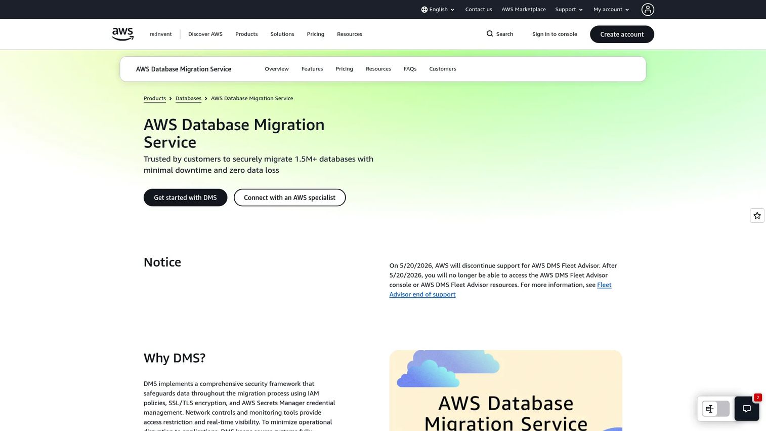 AWS Database Migration Service homepage