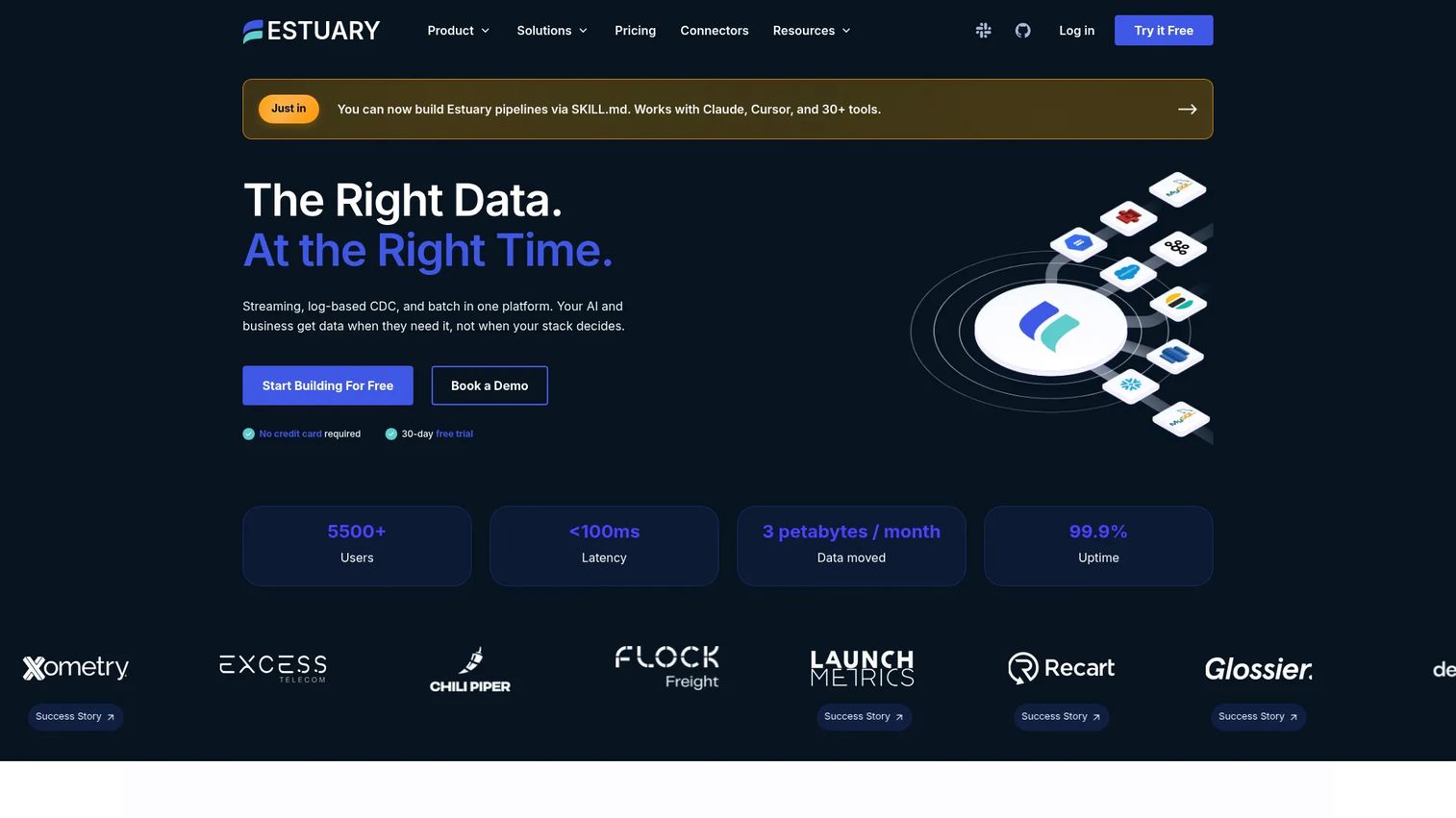 Estuary real-time data platform homepage