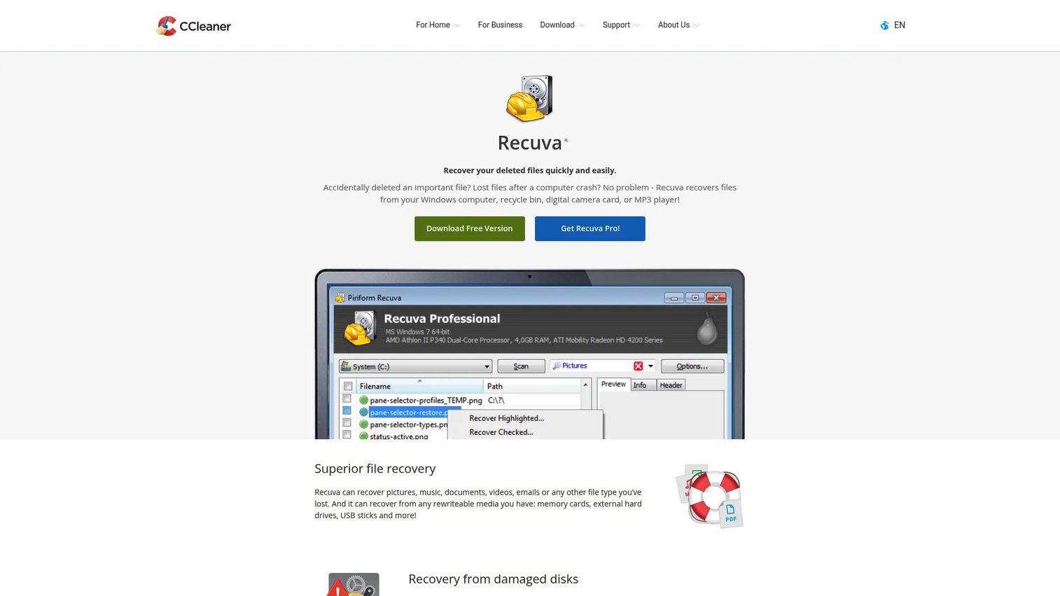 Recuva data recovery software interface